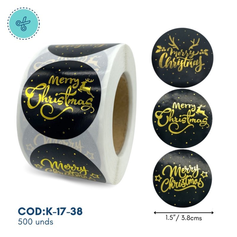 STICKERS NAVIDAD NEGRO-DORADO, K-17-38, 500 UND, 1.5"