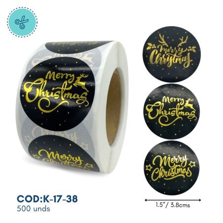 STICKERS NAVIDAD NEGRO-DORADO, K-17-38, 500 UND, 1.5"