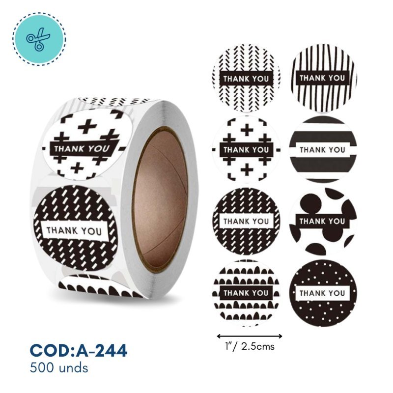 STICKERS NEGRO-BLANCO, THANK YOU, A-244, 500 UND, 1"
