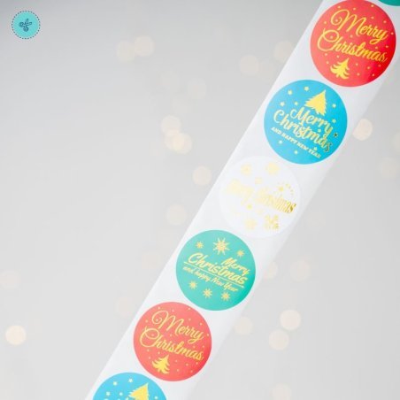 STICKERS NAVIDAD 1.5" FOIL DORADO - COLORES, C-42-38, 500UND