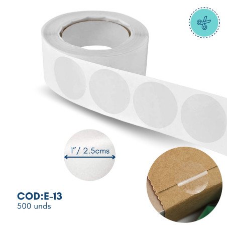 STICKERS CIRCULARES TRANSPARENTES, E-13, 500 UND, 1"