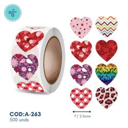 STICKERS CORAZONES ESTAMPADOS, A-263, 500und, 1"